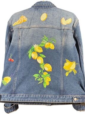 Denim Jacket Custom Embroidered with Lemons - Front and Back